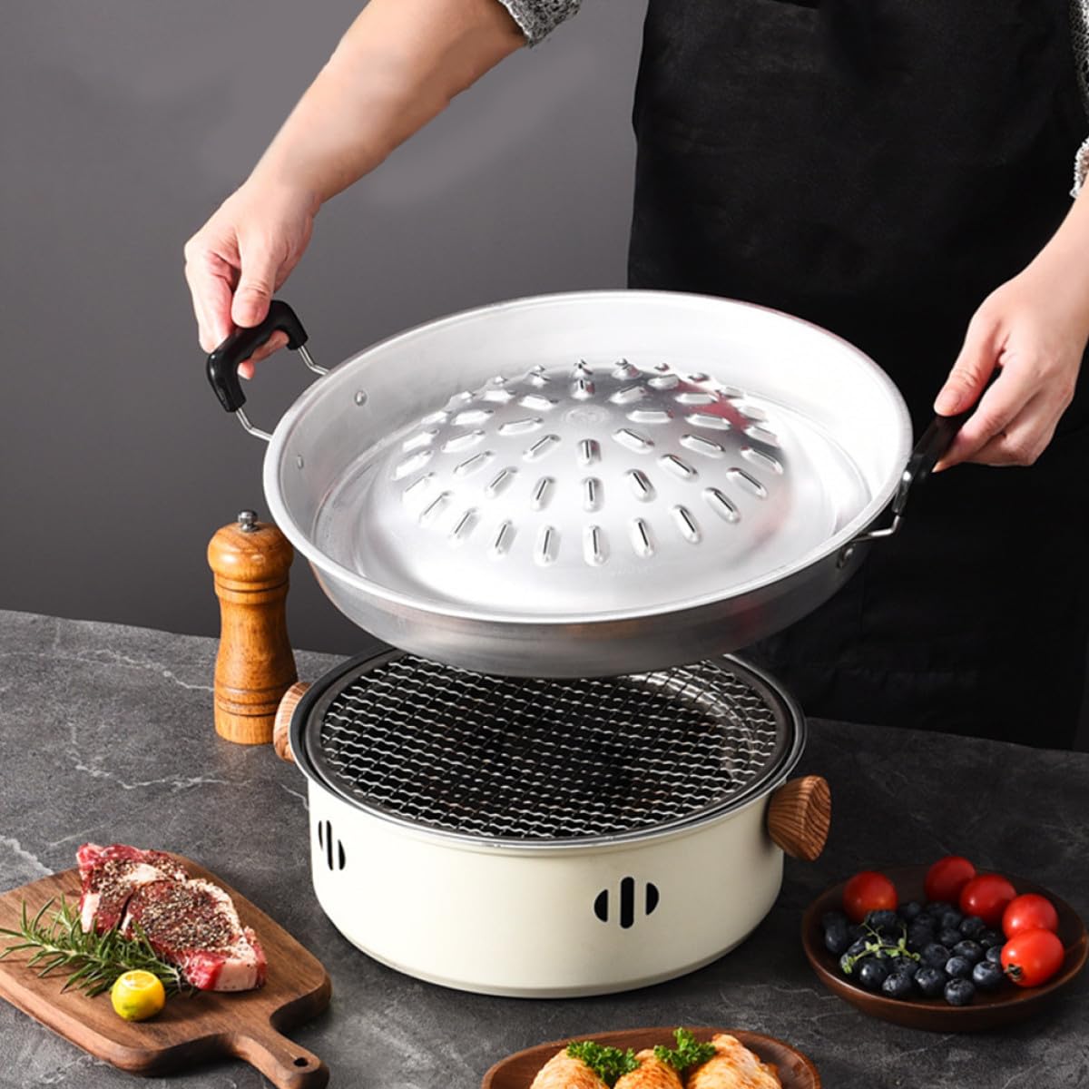 Wielofunkcyjna okrągła patelnia grillowa 35 cm - lekkie i przenośne koreańskie naczynia do grillowania - stal do biwakowania na świeżym powietrzu i akcesoria do grillowania