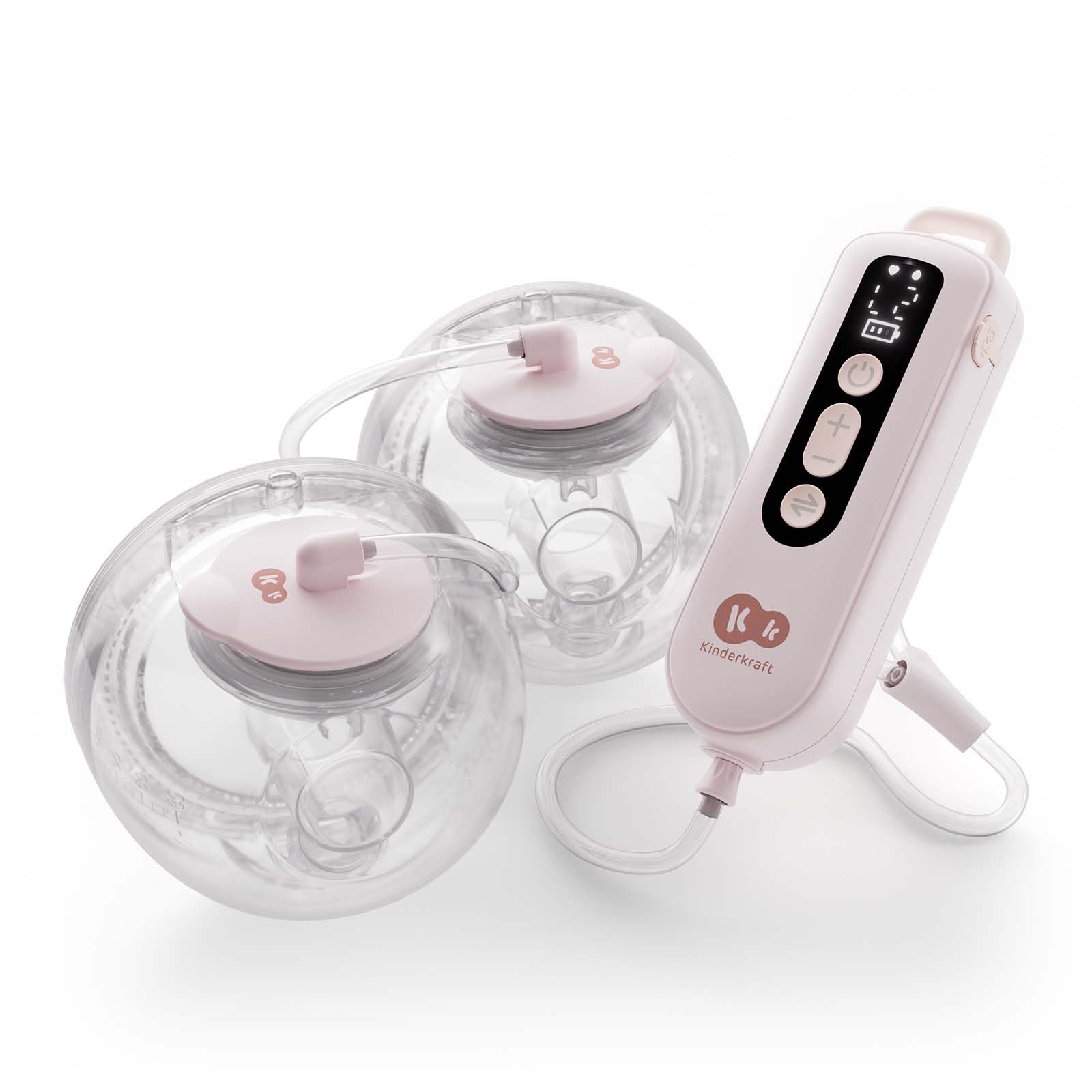 Kinderkraft GENTLEFLOW Tiralatte Elettrico Doppio, 3 modalità, 9 livelli di aspirazione, uso singolo o doppio, 5 misure di coppe 17–27 mm, biberon 180 ml, batteria 1800 mAh, ricarica USB-C, Rosa