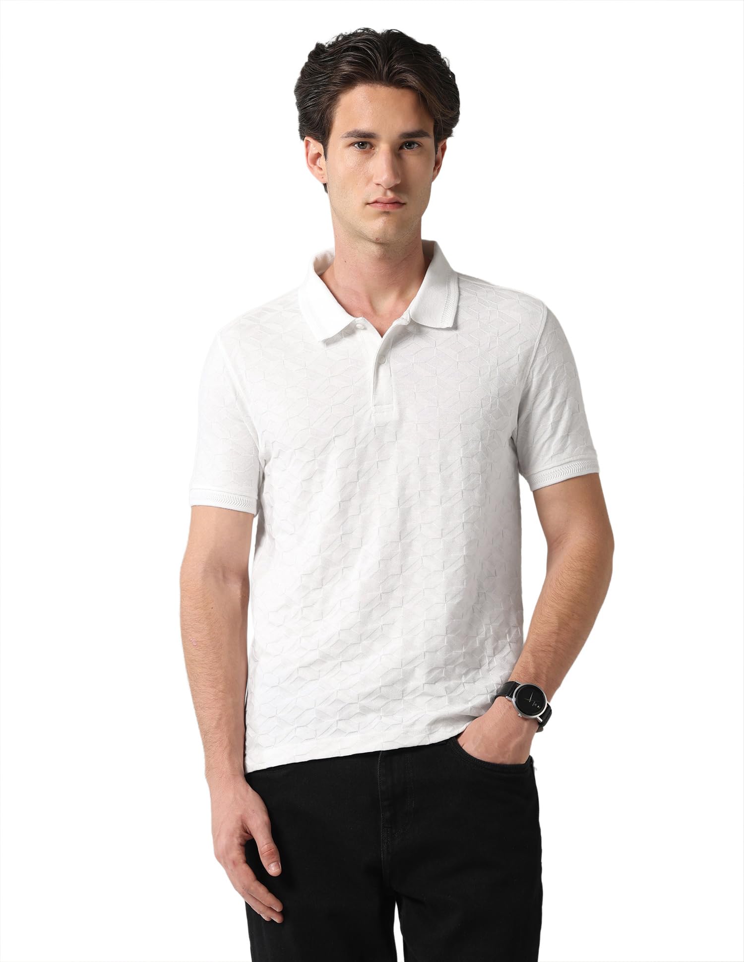 arvind Geometric Patterned Polo Shirt White-picture-12