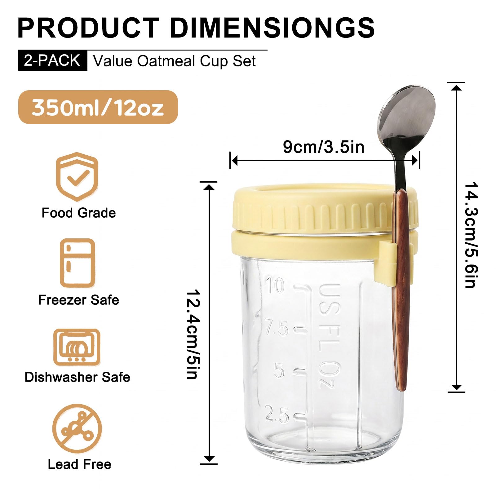 Overnight Oats Jars, 2 pezzi Barattoli di avena durante la notte con coperchio e cucchiaio, Tazza di Muesli To Go, Tazza Yogurt e Cereali per Insalate Latte Cereali Frutta(Giallo, 350 ml)