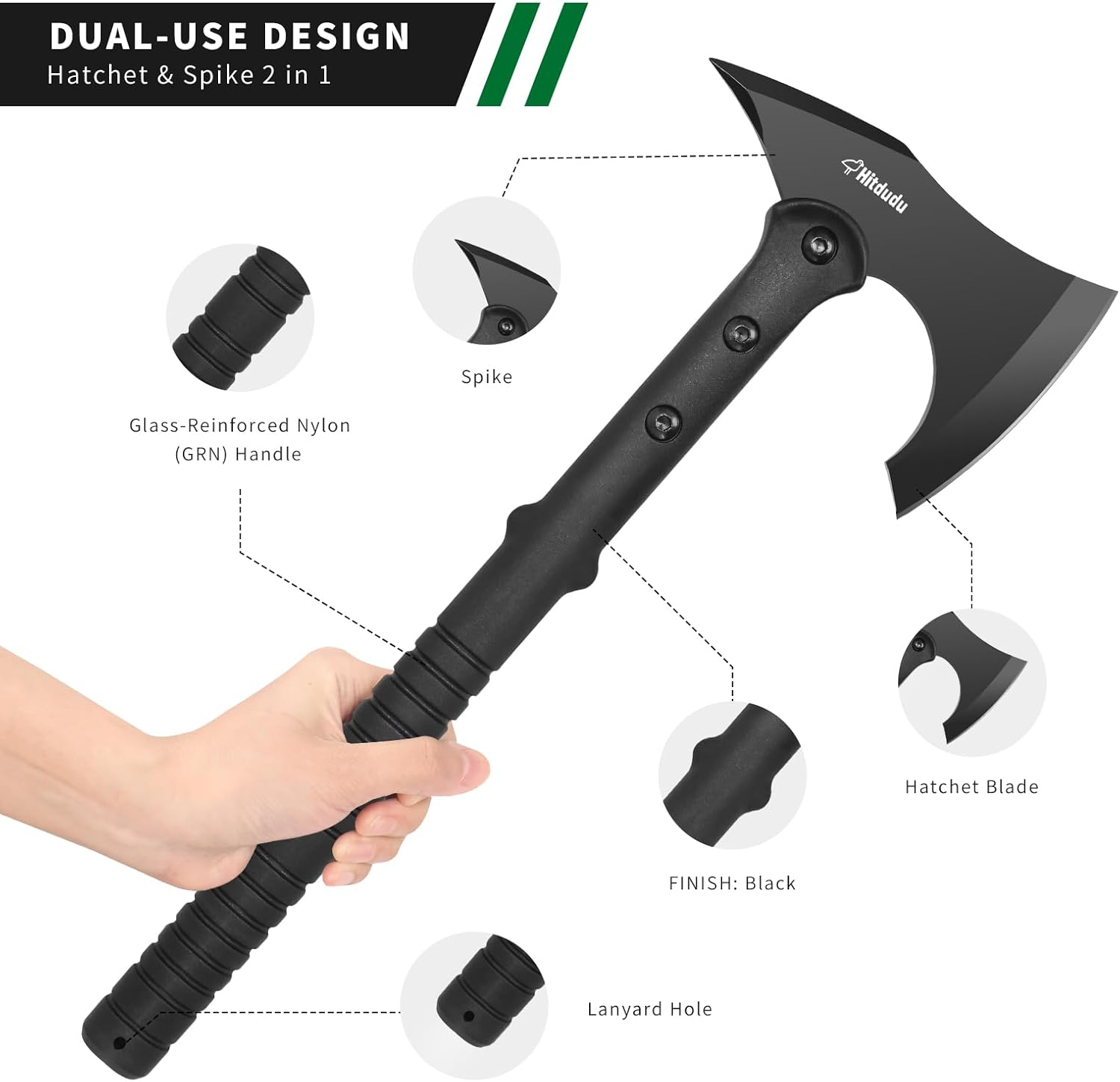 Camping Axe Tactical Survival Tomahawk Outdoor Axe for Hiking with Spike Hatchet Emergency Breaching Multitool Throwing Axe Includes Sheath - Image 3