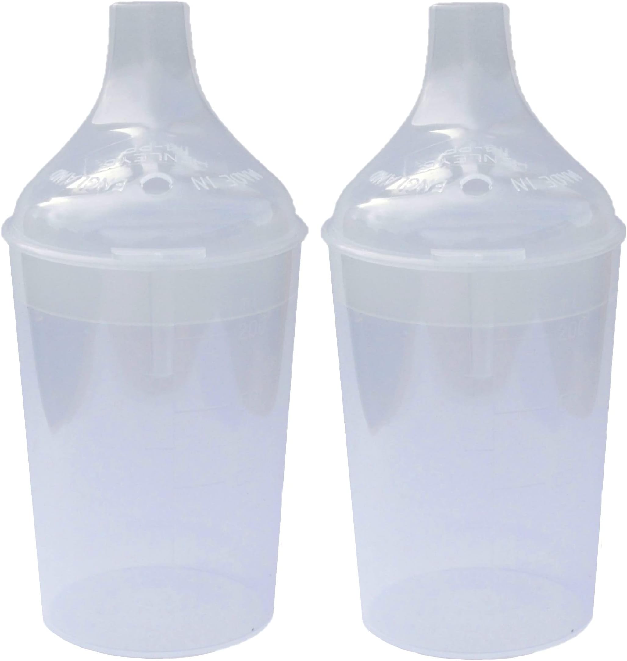 – 2 Pack - Clear, Wide Spout, Feeding Beakers. 200ml with Graduated Measurements and Controllable Flow Lid - Re-usable Product, Microwave Safe & Spill-Proof