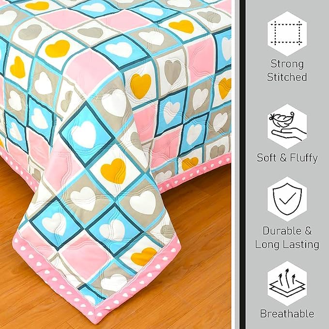 Image of Summer Blanket 100% Cotton Reversible Ac Comforter and Cooling | Classic Printed Design | Quilt | Dohar Single /Double Bed Quilt Ideal for Gifting (Heart Pink Color Desing, Single)