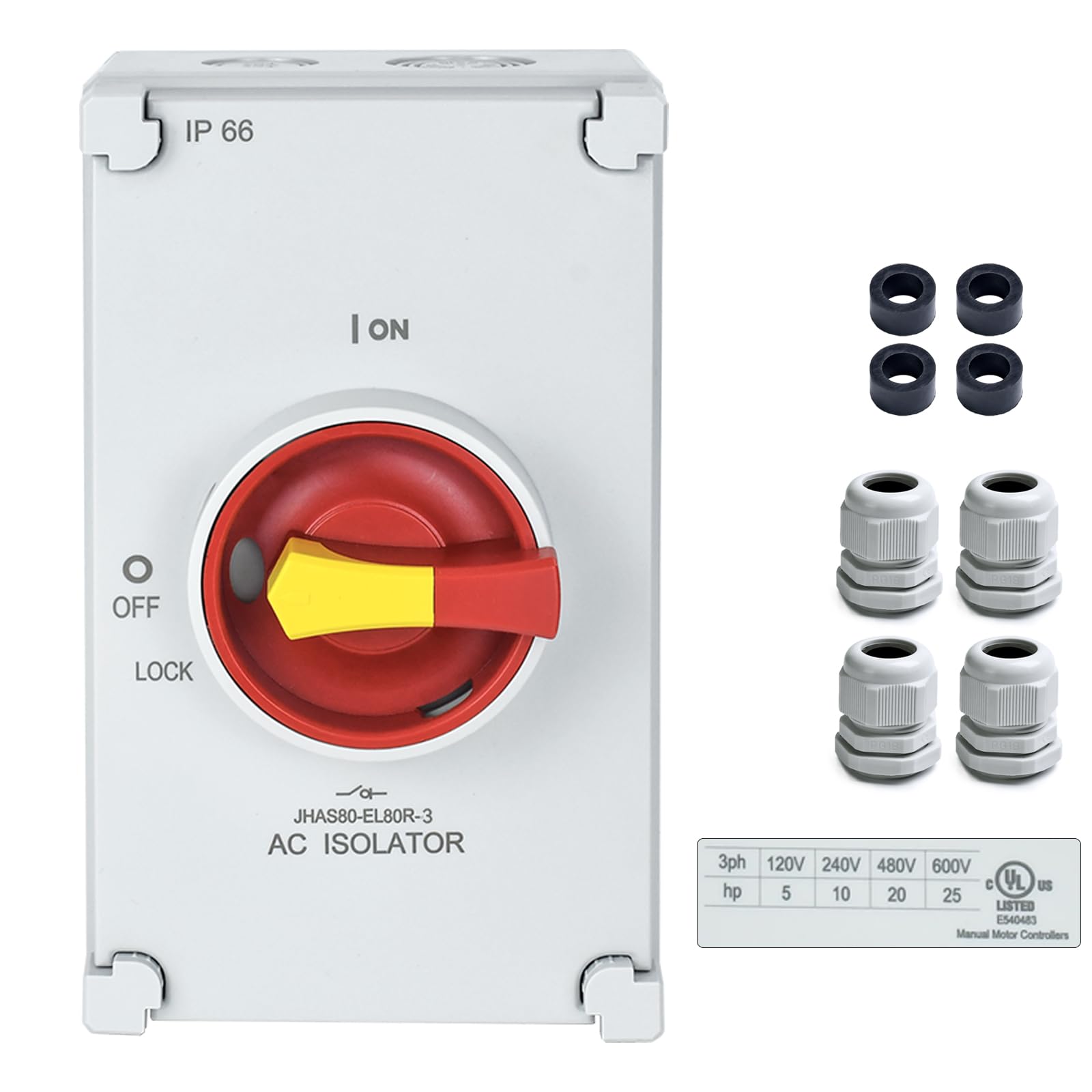 Interrupteur de déconnexion triphasé boîtier isolation 80A extérieur IP66 - 8