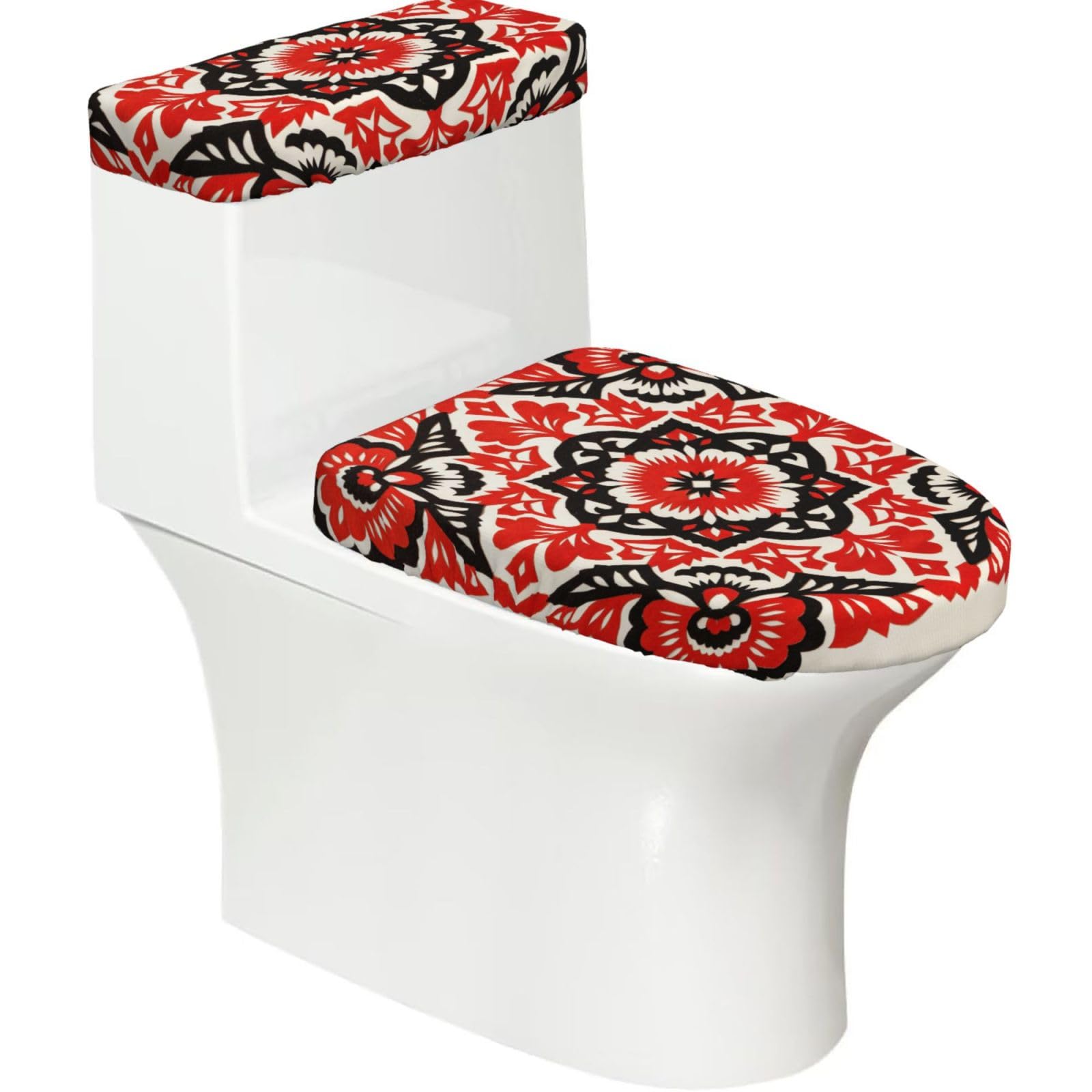 Cntdbu Black Lowicz Papercut Elastic Toilet Cover Set Of 2-Stretchy Lid And Tank Covers For Bathroom, Soft Washable U Shape Toilet Decor