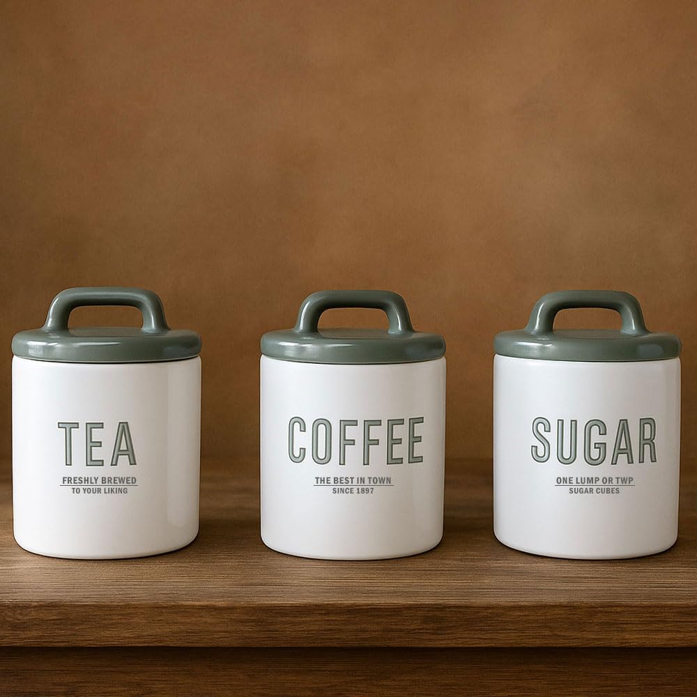 Bmlimited White Bml Ceramic Tea Coffee Sugar Canister Set For Kitchen Countertop With Grey Airtight Lids Ideal For Storage And Organization Of Dry Ingredients