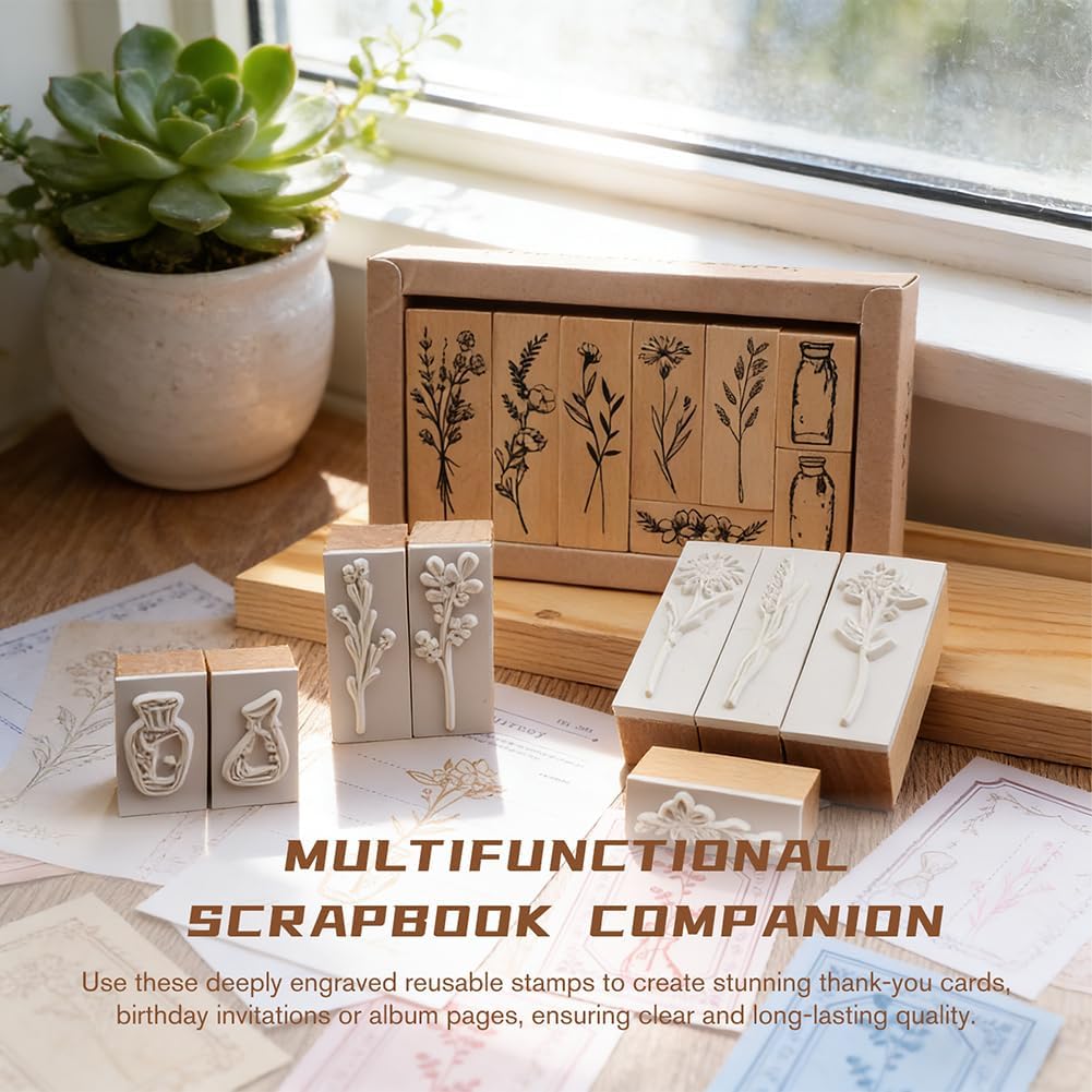 18 Pcs Stamps for Crafting, 2 Styles Vintage Wood Rubber Stamp Plant, Wooden Flower and Vases Rubber Stamp Set for DIY Art and Craft Journals Scrapbooking Card Making