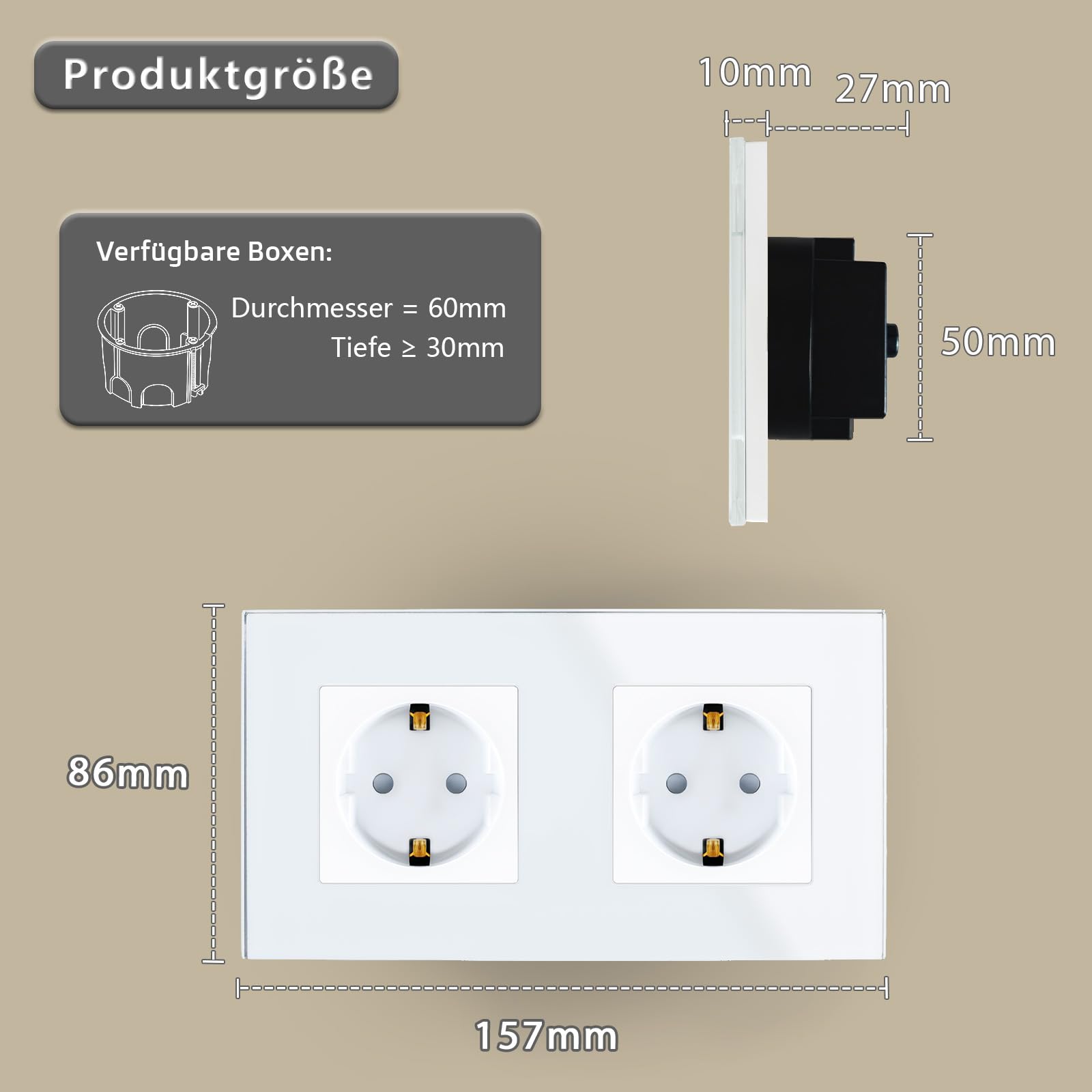 TAWOIA Enchufe Schuko, estándar de la UE de 2 enchufes, de cristal, empotrable, con placa de cristal, doble pared, color blanco, 86 x 157 mm, paquete de 6 unidades