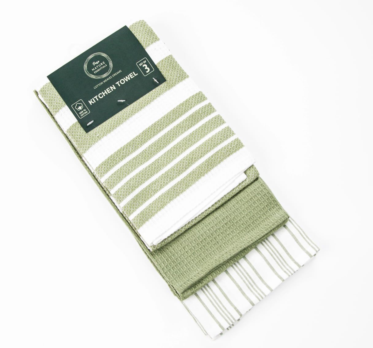 PURE NATURE ESSENTIALSKitchen Towels (Set of 3) - Crafted from 100% cotton (Green)