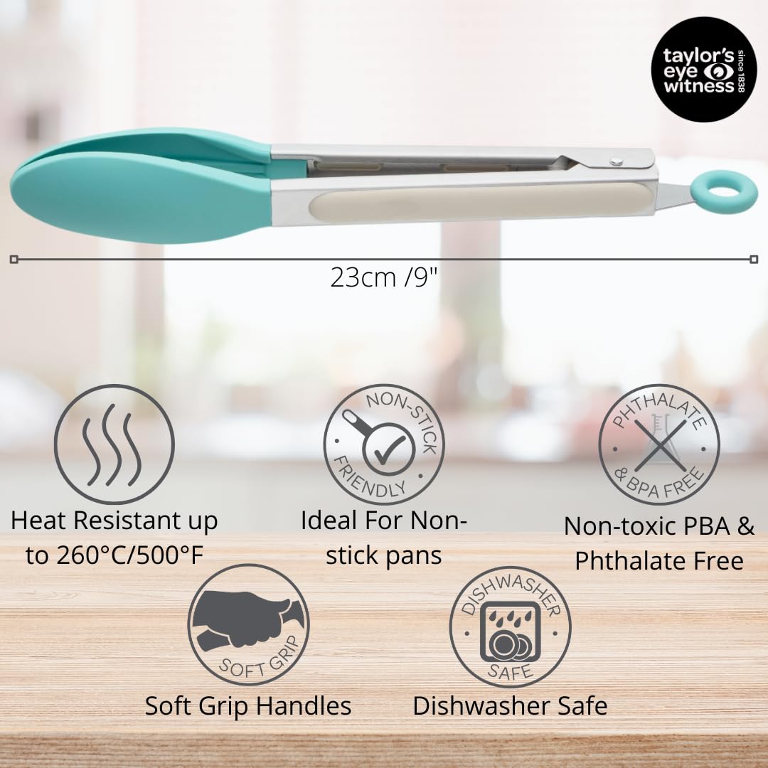 Taylors Eye Witness Large Steel Buttermilk & Turquoise Silicone Tongs, Dishwasher Safe, Sturdy Build, Non-Scratch - Image 3