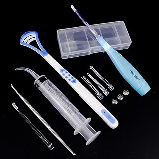 Airgoesin Professional Tonsil Stone Remover Tool LED Light | Stainless Steel Tonsillolith Pick Oral Care | Irrigation Syringe | Tongue Cleaner Scraper (Blue)