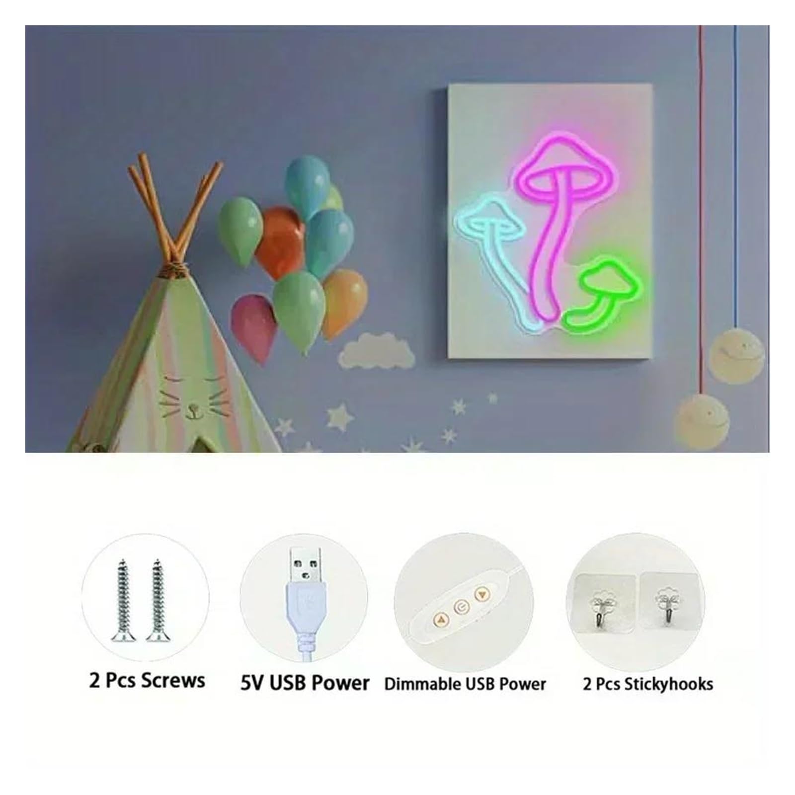 Luz de Diseño de Digital Luces De Neón LED Con Forma De Hongo, Lámpara De Señal Regulable Alimentada Por USB Para Pared De Dormitorio, Habitación De Niños Decoración Lámparas 31cm×34cm