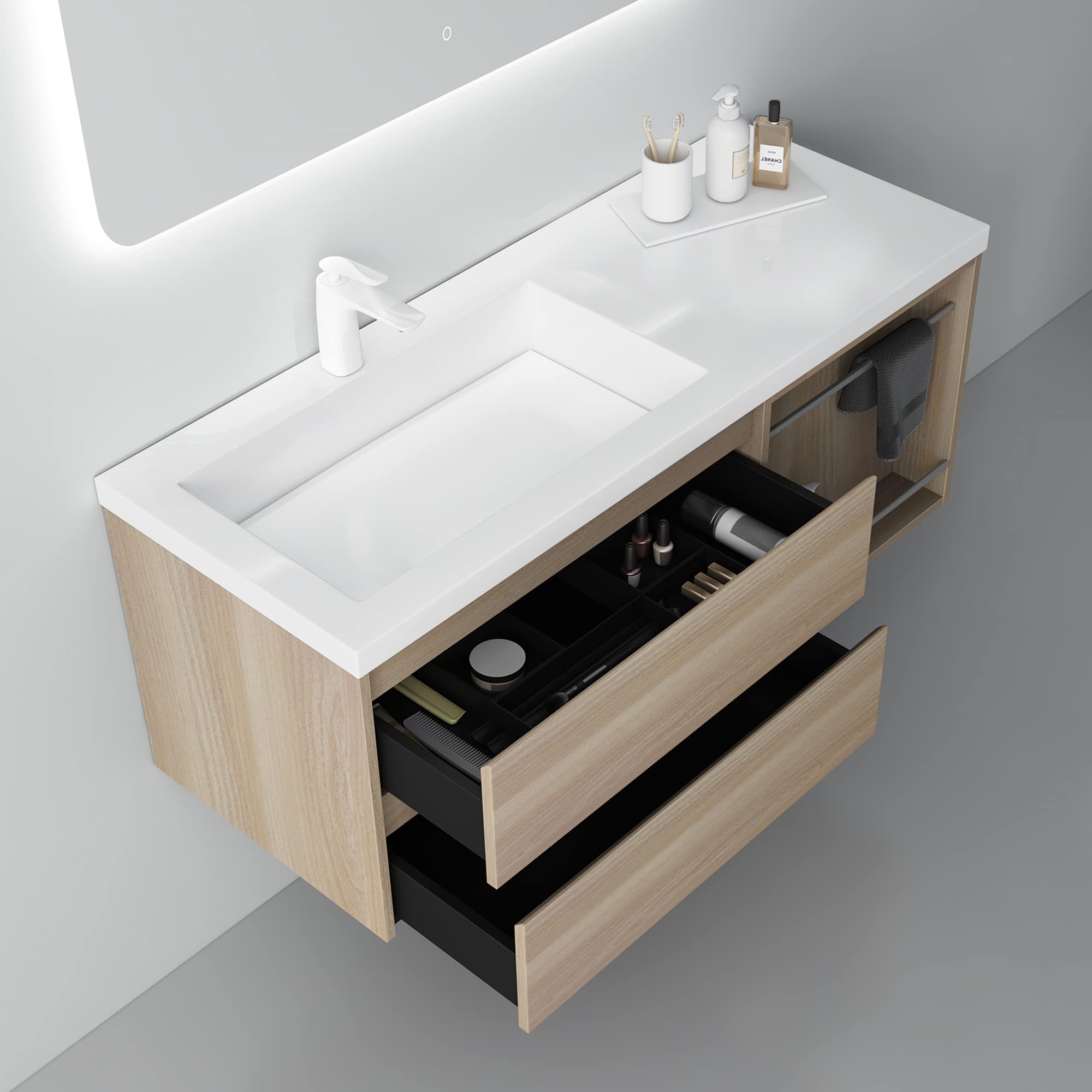 Mai & Mai Waschtisch mit Unterschrank Waschbecken-Unterschrank | Badmöbel-Set Waschbeckenunterschrank Softclose Al Oak 120x46x49cm inkl. Mineralguss Waschbecken Open