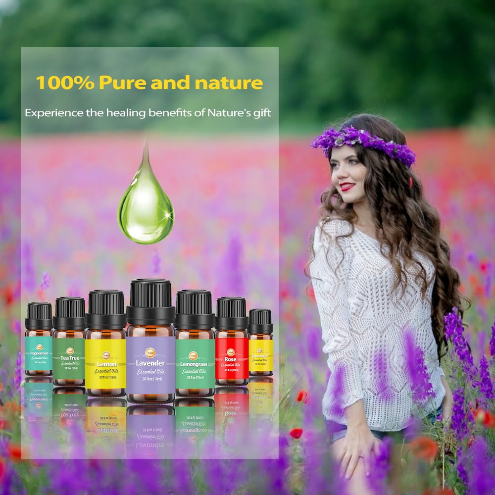 Lot de 18 huiles essentielles de 10 ml, lavande, eucalyptus, encens, citronnelle, romarin, orange, menthe, citron, bergamote, ylang-ylang, pamplemousse, camomille, rose, vanille, patchouli (marron)