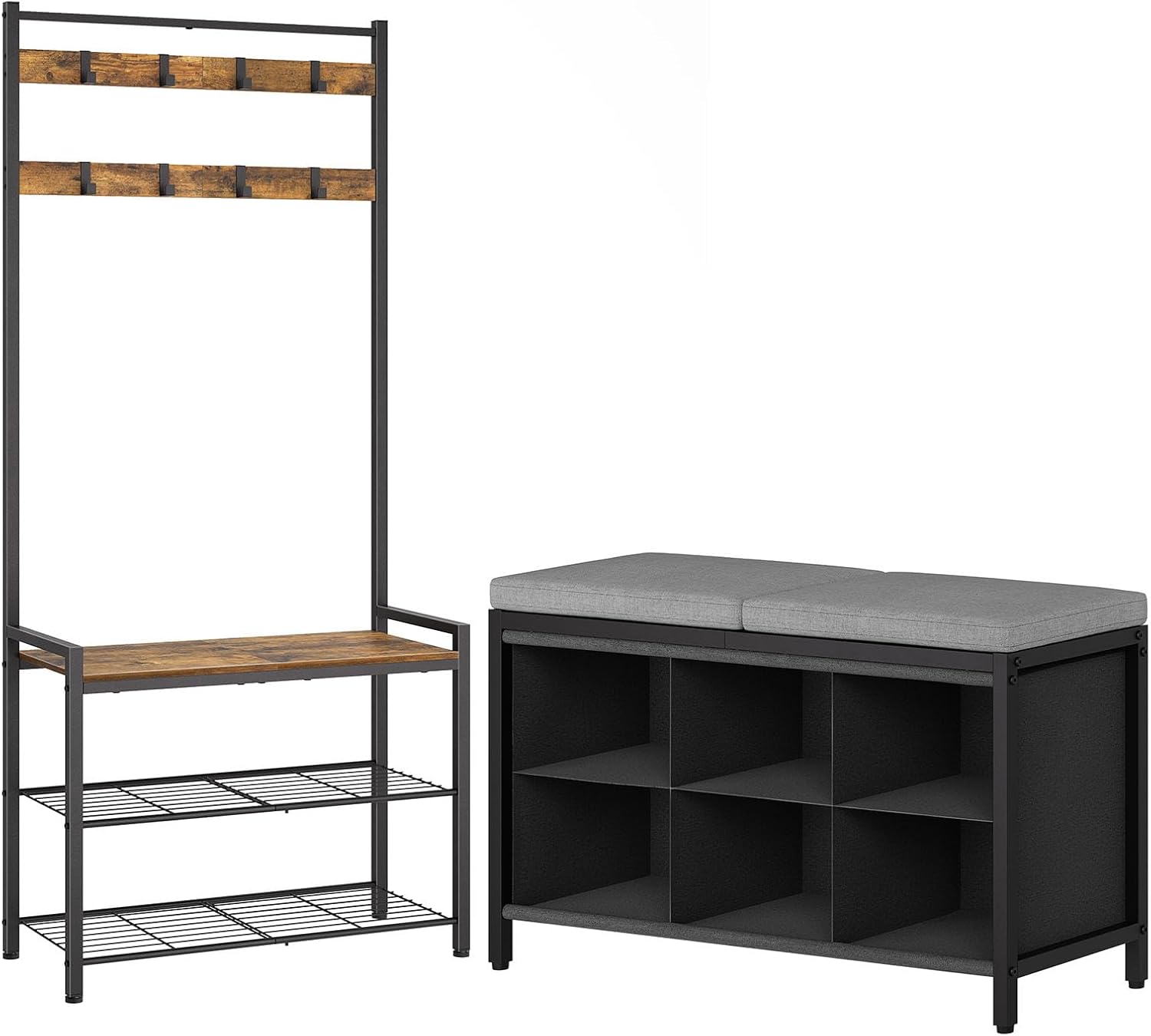 Hall Tree, Coat Rack with Shoe Bench and Shoe Storage Bench with Cushion, Shoe Cubby Bench MT01BR-HX01BK