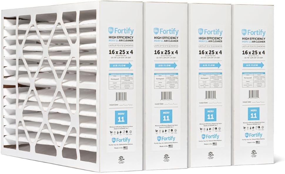 Fortify 20x25x4 MERV 11 Replacement for Honeywell FC100A1037 and Carrier Pleated HVAC AC Furnace Filters. (2-Pack) Actual Size: 19.88 x 24.75 x 4.38