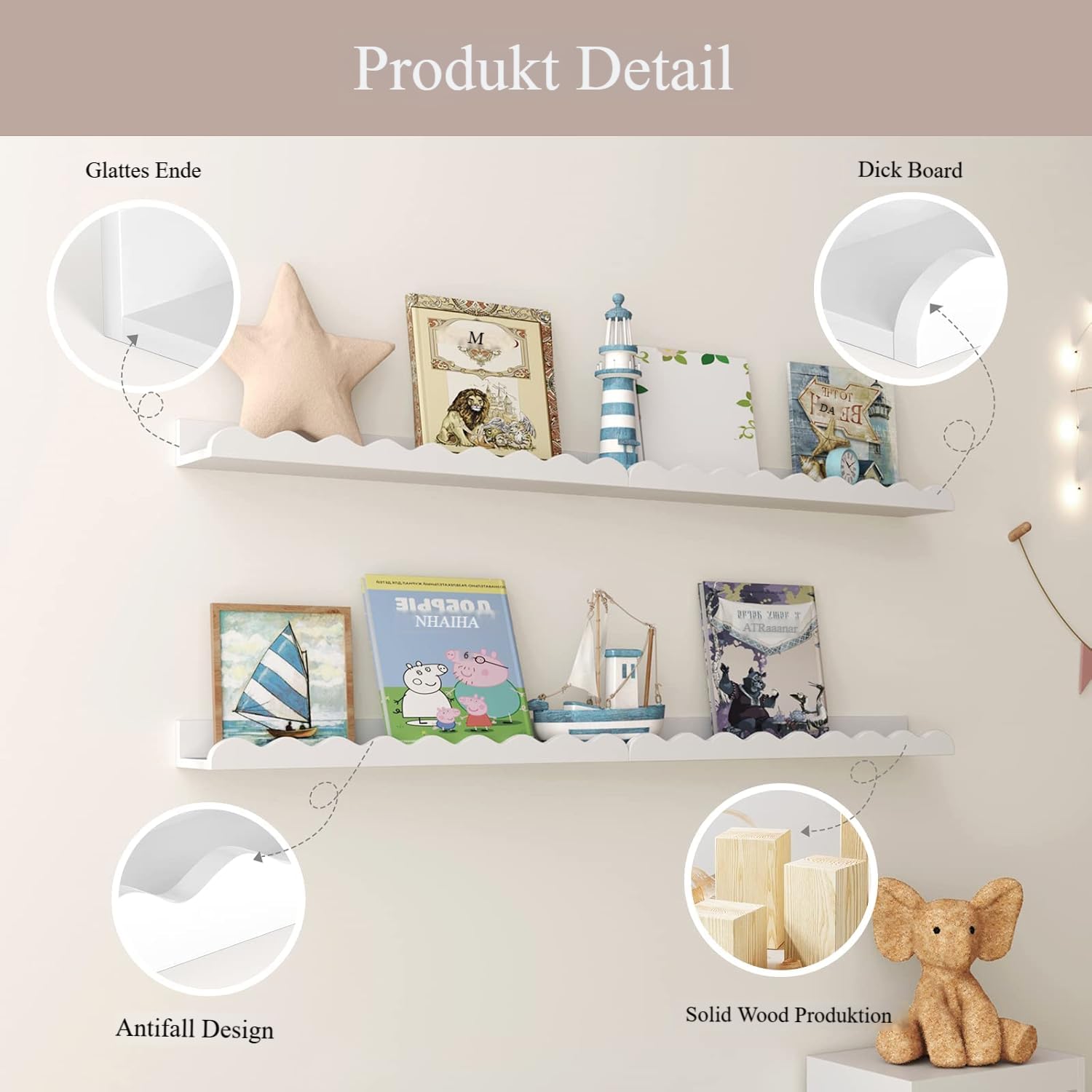 Wandregal Kinderzimmer, 60cm, Massivholz, für Bücher, Spielzeug, Dekoration, Wand-Bücherregal, Hängeregal, Weiß, 4er-Set