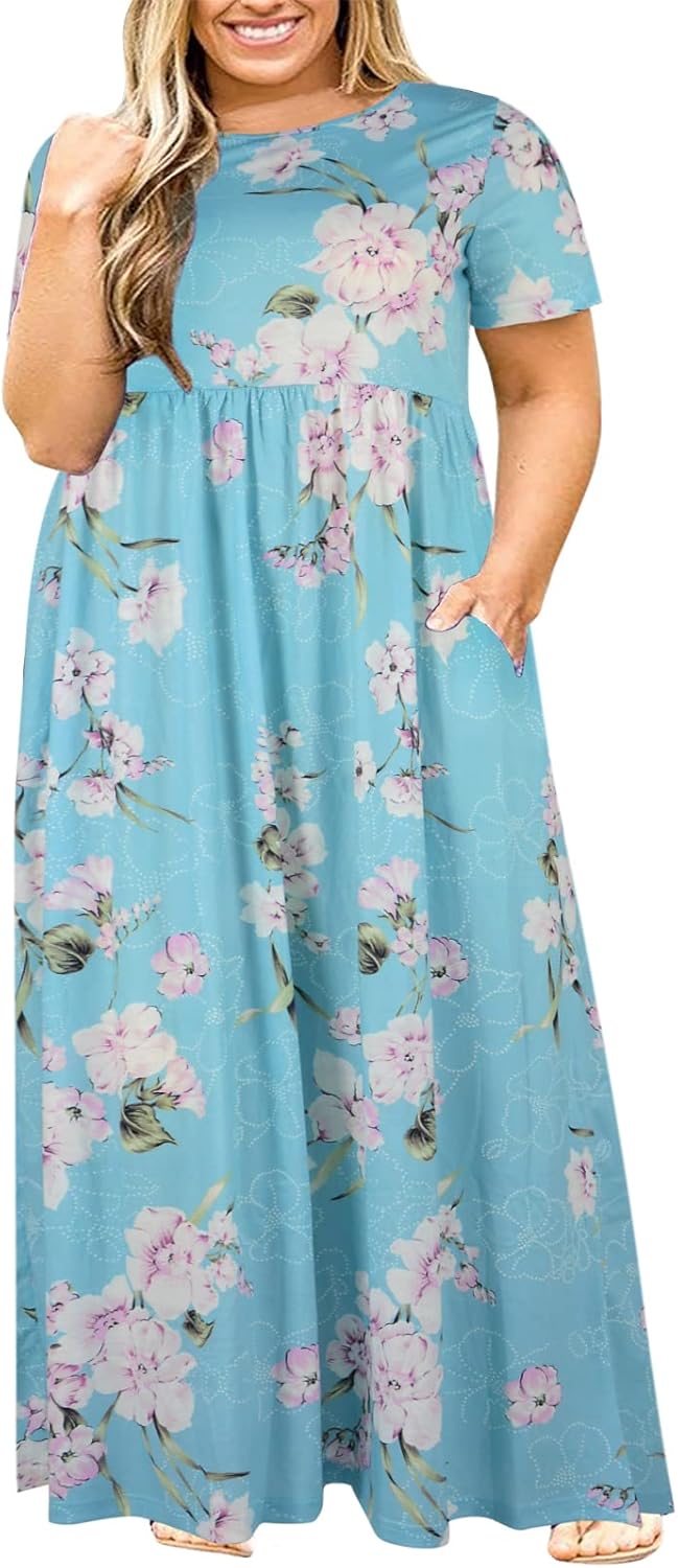 Nemidor Plus Size Maxi Dresses for Curvy Women Summer Casual Loose Short Sleeve Long Beach Dress with Pocket