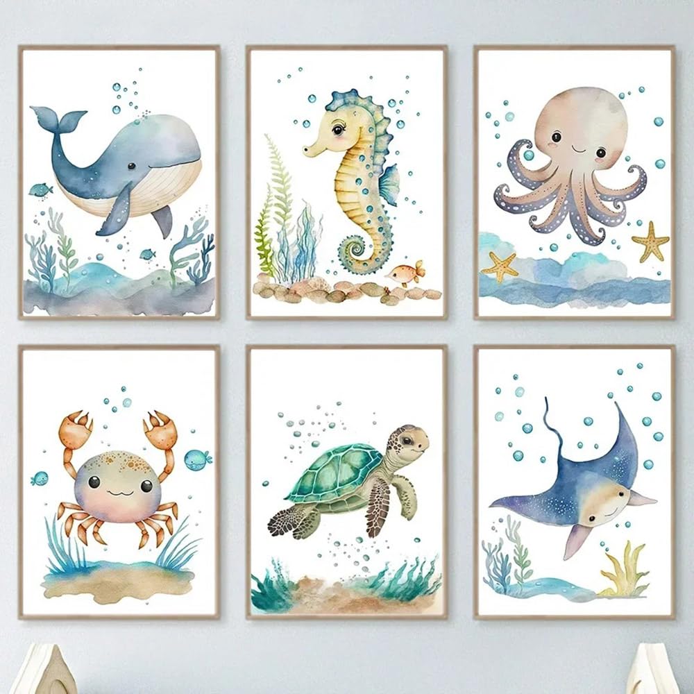 BeiYiHo Affiche Theme Mer Enfant Tableau Animaux Marins Decoration Mer Chambre Enfant Bleu Tableau Ocean Chambre Bebe Tortue Baleine Poisson Hipocampe Toile Poster Deco Marine Chambre Garcon