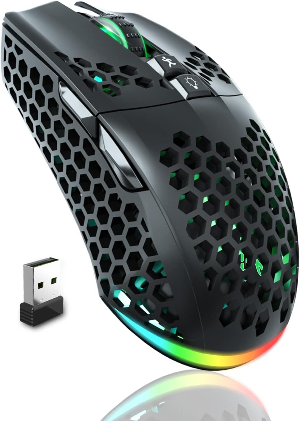 SM600 Honeycomb Shell Gaming Mouse Wireless,Tri-Modes BT/2.4G Wireless/Type-C Wired Gamer Mouse with 2 Side Buttons, Macro Programmable and RGB Light for PC/Mac/Laptop,Black