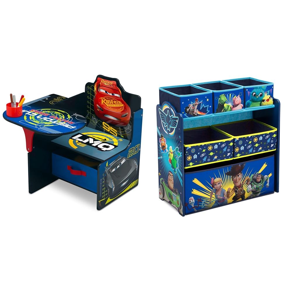 Delta Children Chair Desk with Storage Bin, School, Disney/Pixar Cars, Arm Rest|Cushion Availability, Plastic & Disney/Pixar Toy Story 4 6 Bin Design and Store Toy Organizer