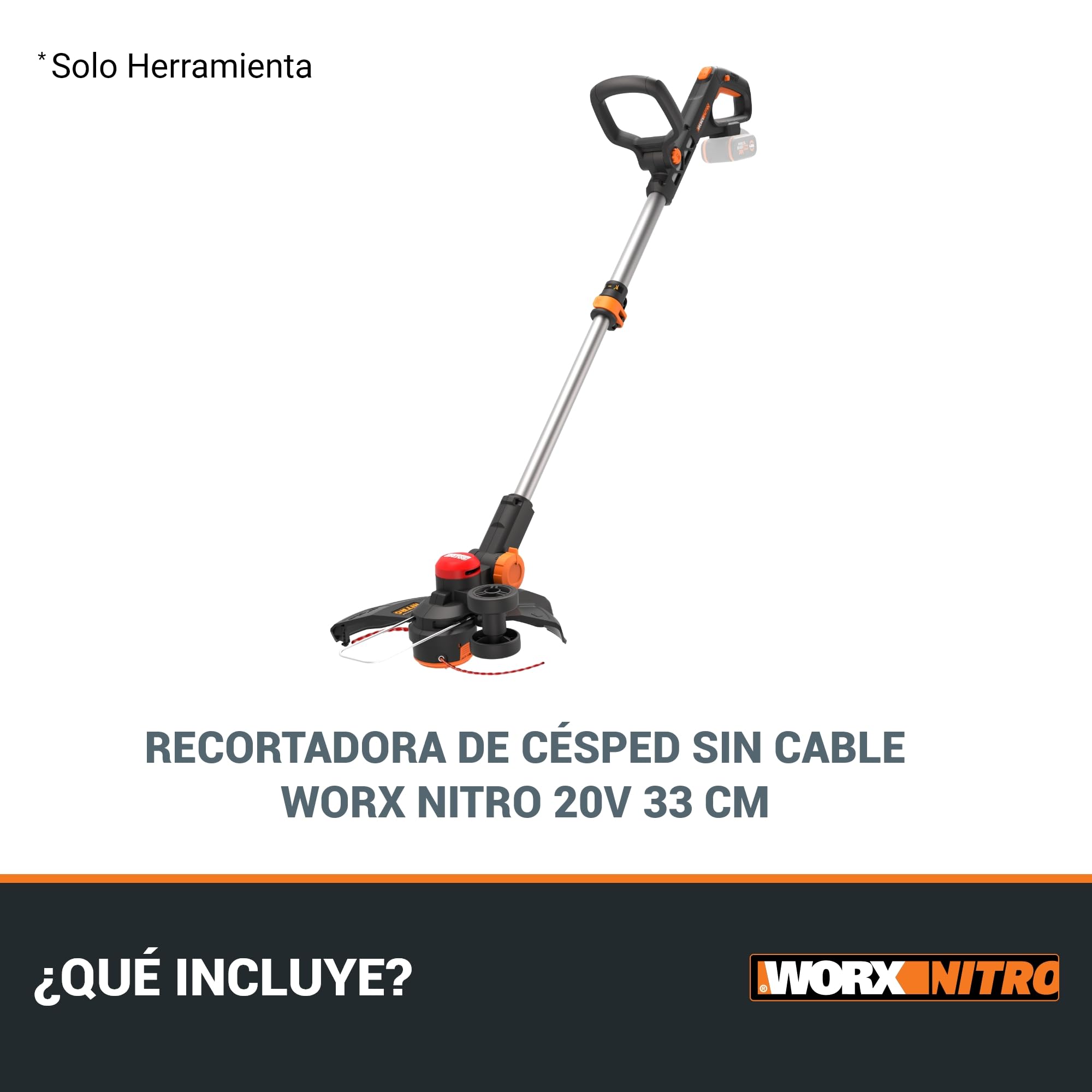 WORX Nitro WG173E.9 - Cortabordes con batería (20 V, Potente Motor sin escobillas, círculo de Corte de 33 cm, Comodidad de Uso Gracias al Mango de Goma, Compatible con PowerShare, sin batería ni