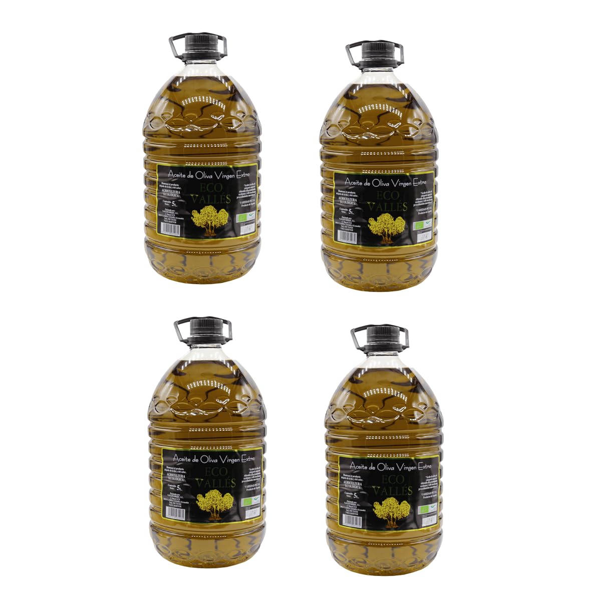 Aceite de oliva virgen extra ecológico variedad Eco Vallés picual. Aceite EVO ecológico de Andalucía, sabor intenso, extracción en frío, filtrado, paquete de 4 x 5 litros