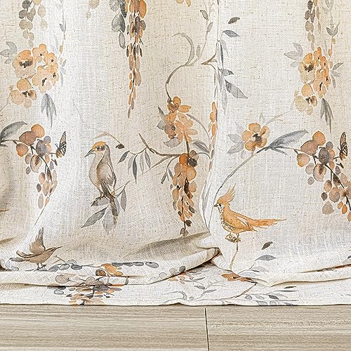 Image of MYSKY HOME Living Room Curtains & Drapes Semi Sheer Linen Look Window Curtains 95 inches Long Light Filtering Privacy Protect Bird Pattern Decoration Texture Soft Touch, 52 inch x 95 inch, Orange, 2 Panels