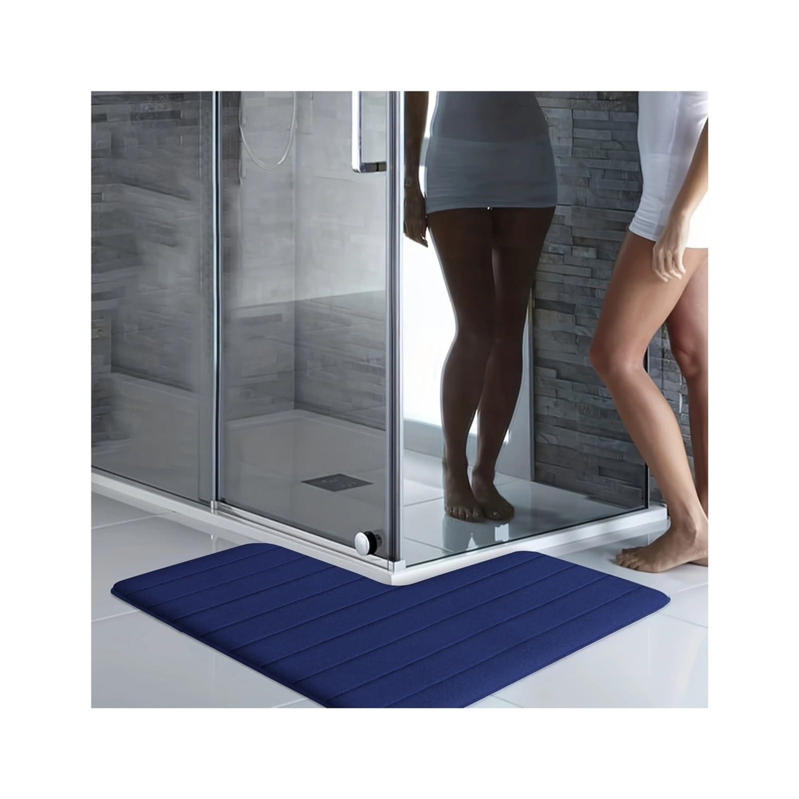 Eck-Duschmatte L-förmige, gestreifte Badezimmer-Fußmatte, rechtwinklige Duschraum-Saugmatte, rutschfeste Toilettenmatte for Eckduschen(Blue,75x75x45cm)