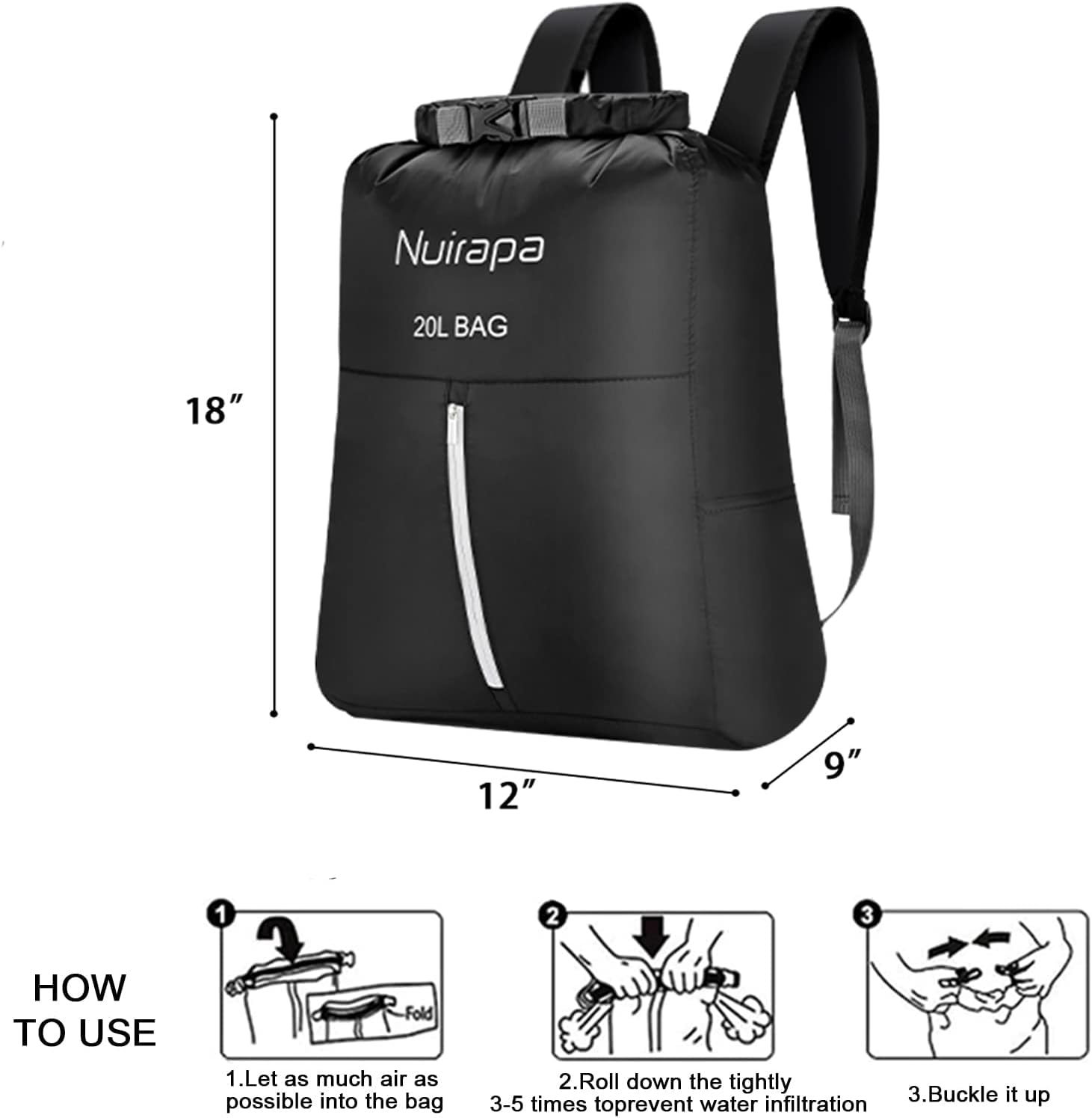 Nuirapa 20L Waterproof Dry Backpack, Swimming Bag, Lightweight Floating Pack for Kayaking, Camping, Beach, Boating, Sailing, Hiking for Men Women Kids Black…