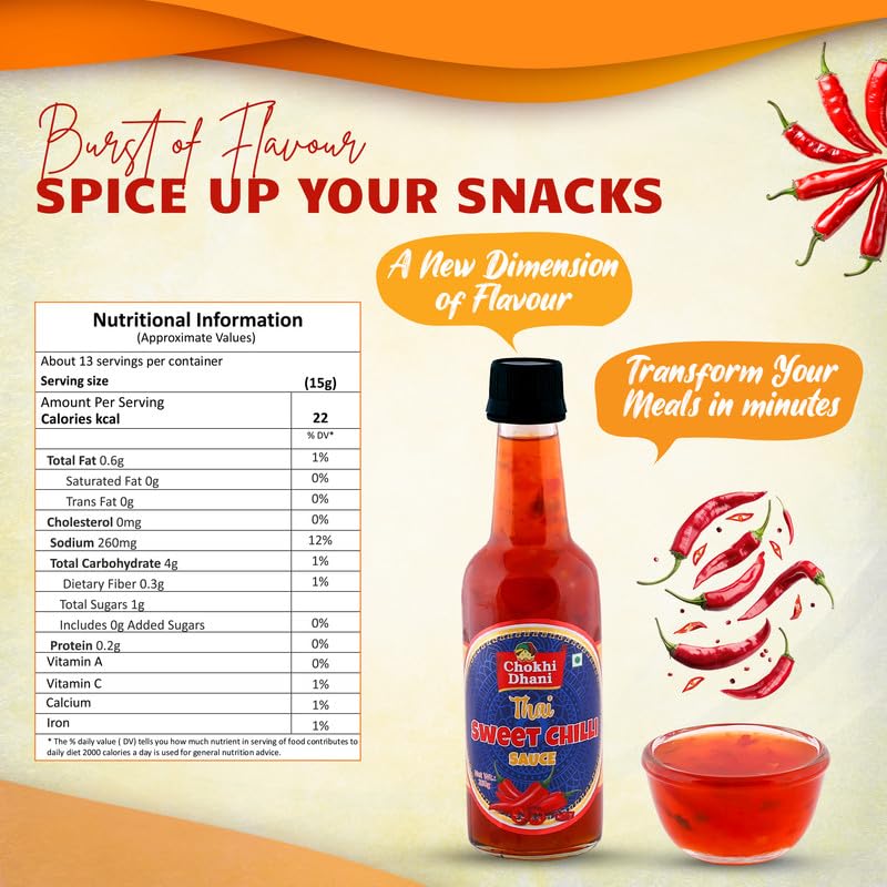 Image of Chokhi Dhani Thai Sweet Chilli Sauce 250g | Sweet & Spicy Dipping Sauce | Perfect for Momos, Spring Rolls, Fries, Noodles & Burgers | Asian Sauce Dimsums, Sushi, Wraps & Rolls, Thai Rice Bowls, Bao Buns, Fried Rice | Sweet Chilli Dip