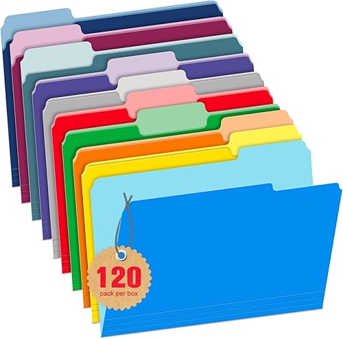 Jyusmile Paquete de 120 carpetas de archivos, carpetas de archivos de colores, tamaño carta, carpeta de archivos con pestaña de corte de 13 para