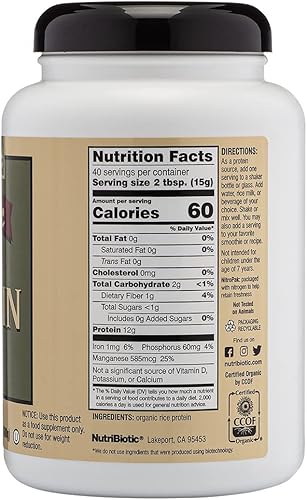 Miniatura 7 de NutriBiotic Proteína de arroz orgánica certificada, lisa, 3 libras, proteína vegana baja en carbohidratos en polvo, cruda, certificada Kosher y apta