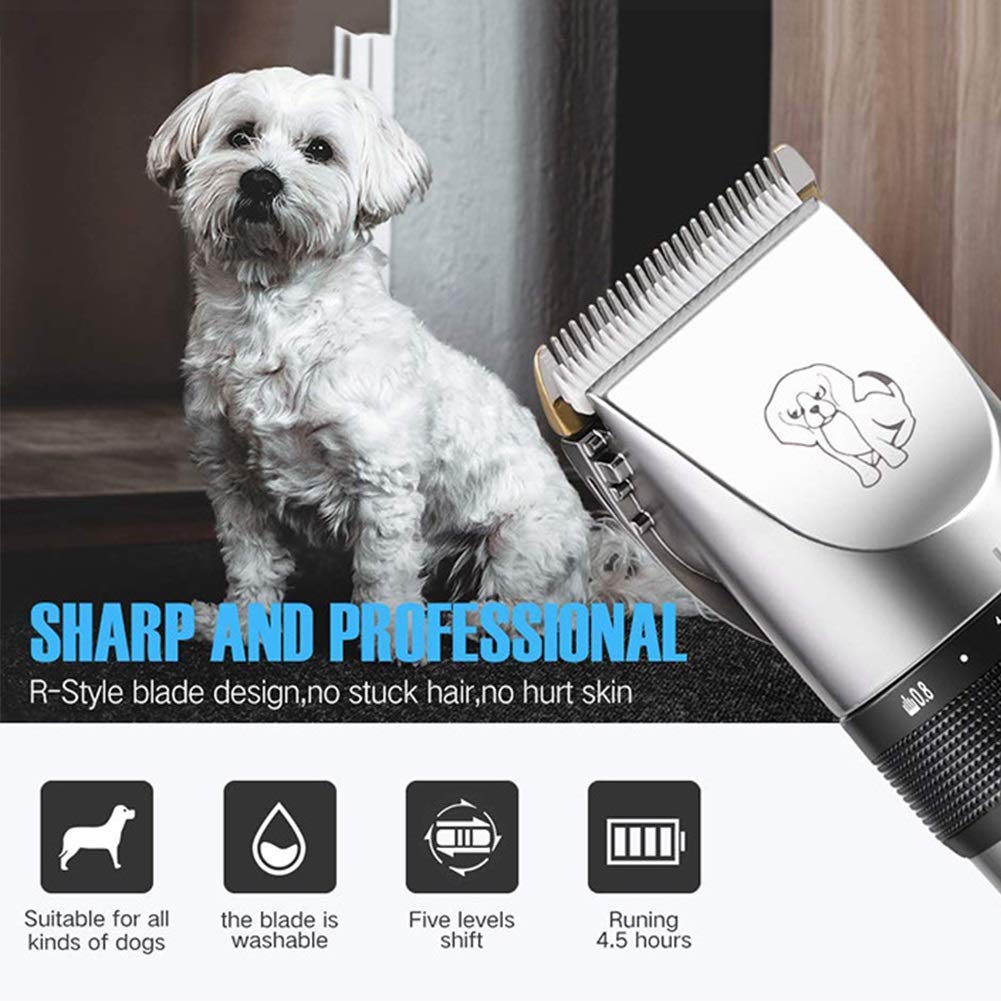 MAJUN Pet Clipper Elettrico, Regolabile Low Noise di Ricarica USB Cane del Rasoio, Gatto Capelli Clipper cesoie con 4 Pettine e Spazzola di Pulizia