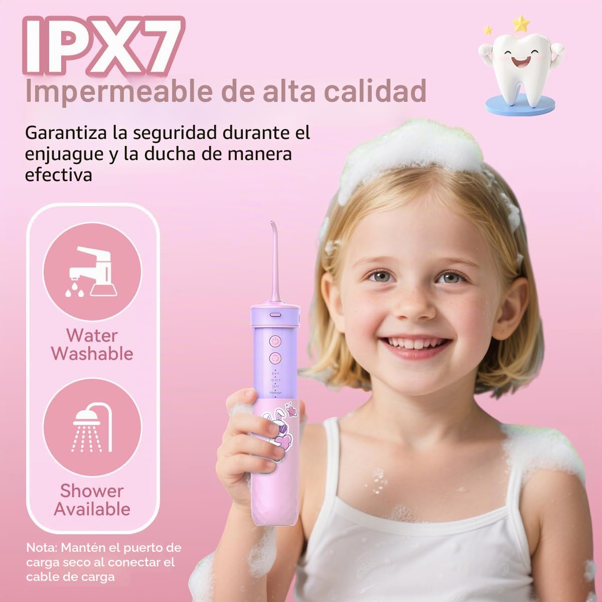 JTF Irrigador dental de agua para niños: irrigador oral portátil recargable con 4 modos de hilo dental de 230 ml, tanque de 4 puntas, bolsa de viaje, calcomanías impermeables, hilo dental eléctrico