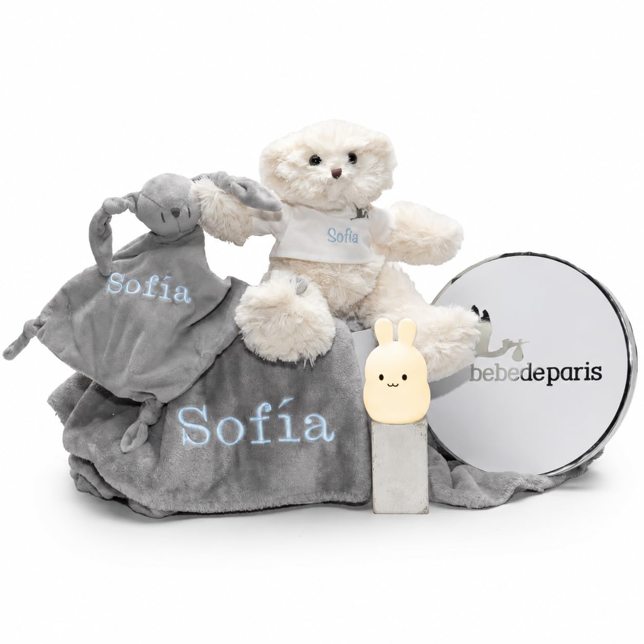 Regalo para Recién Nacido | Color: Multicolor | Doudou Personalizado y Lampara de Luz Nocturna | Hecho a Mano en España | Caja de Regalo de Lujo (Azul) | BebeDeParis