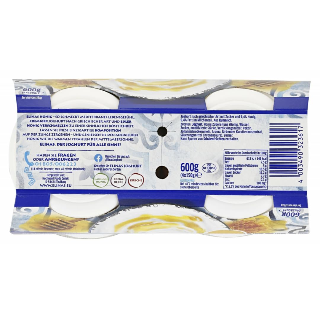 Elinas Joghurt nach griechischer Art Honig 600 Gramm, 4 Er