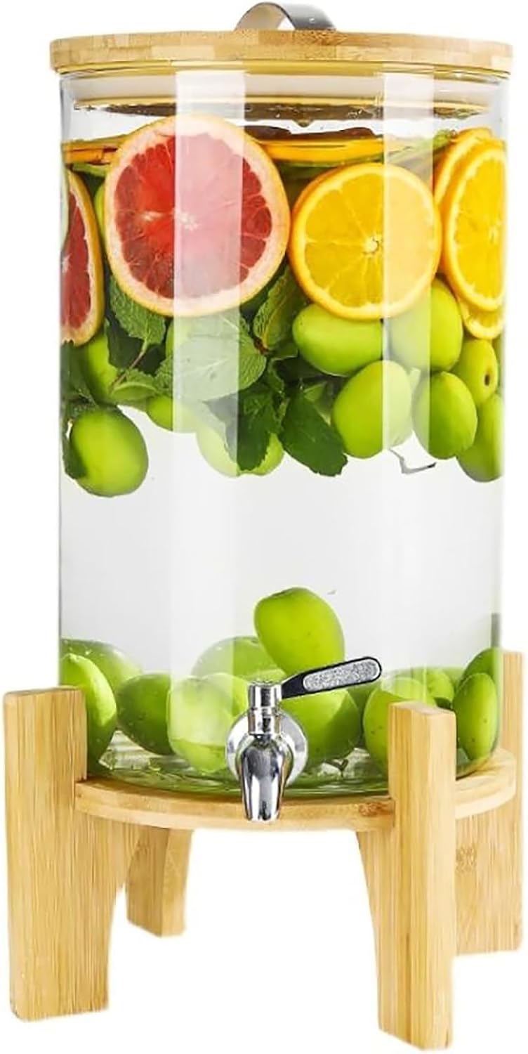 Glass Beverage Dispenser with Stainless Steel Tap, 5L/8L/10L Leak Proof Beverage Dispenser with Wooden Stand, Easy to Fill Spout,5L