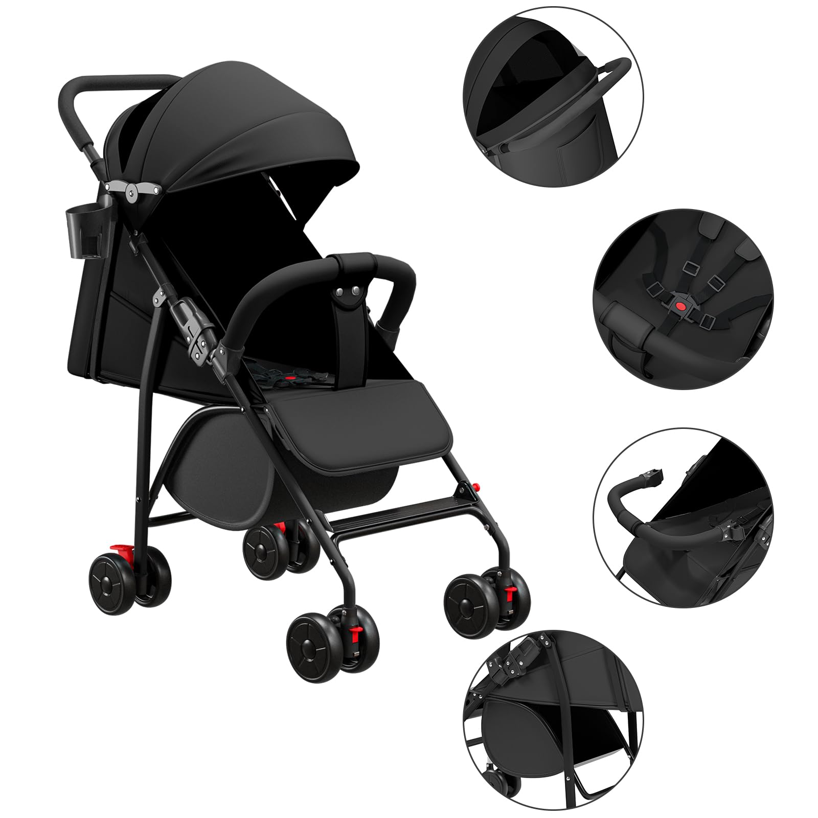 Poussette Bébé Légère et Compacte de 0 Mois à 4 Ans, Capacité de Charge Maximale de 25 kg, Poussette Pliable, Dossier Inclinable, Pliage Automatique en 1 Étape, Canopy-C-noir