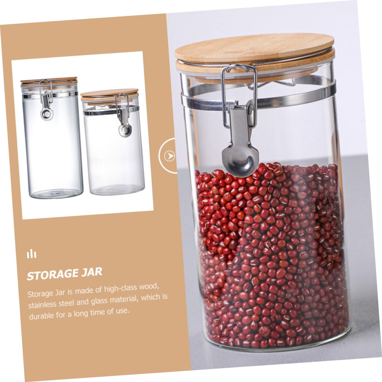 Veemoon 2 Tarros Herméticos de Vidrio para Cereales y Dulces, Tapa de Acero Inoxidable y Madera, 1140ml y 1280ml, Cocina