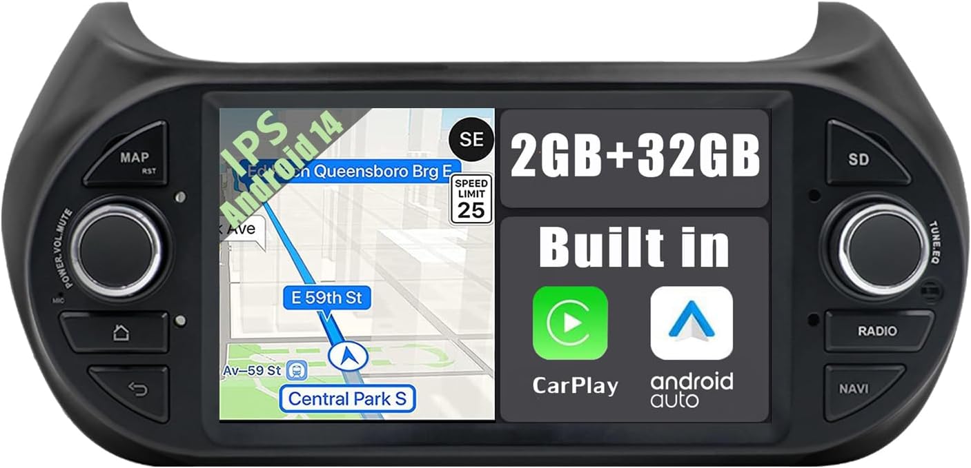 Android 14 Car Stereo Fit for Fiat Fiorino/Fiat Qubo/Citroën Nemo/Peugeot Bipper-[Built-in CarPlay/Android auto/GPS]- Camera-IPS 2.5D 7”Touchscreen-DAB/MirrorLink/Bluetooth 5.0
