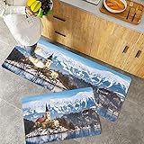Alfombras Cocina Lavable,Alfombra de Baño,Invierno, lago Bled en Eslovenia Escenas de Europa Destino del,Antideslizante Respaldo de Goma Felpudo Alfombrilla de Goma, juego de 2 piezas 40x60cm+40x100cm