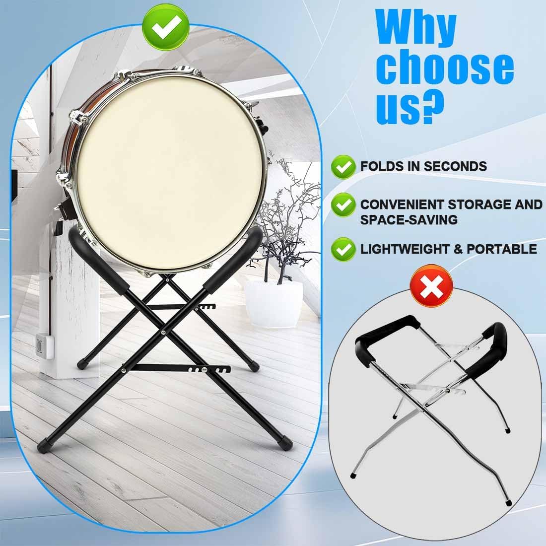 Ecliptica Adjustable Multi-Fit Folding Bass Drum Stand, Heavy-Duty 21" Steel Bass Drum Legs Rack with Thick Rubber Pads Riser for Large Drums for Band & Orchestral Performances
