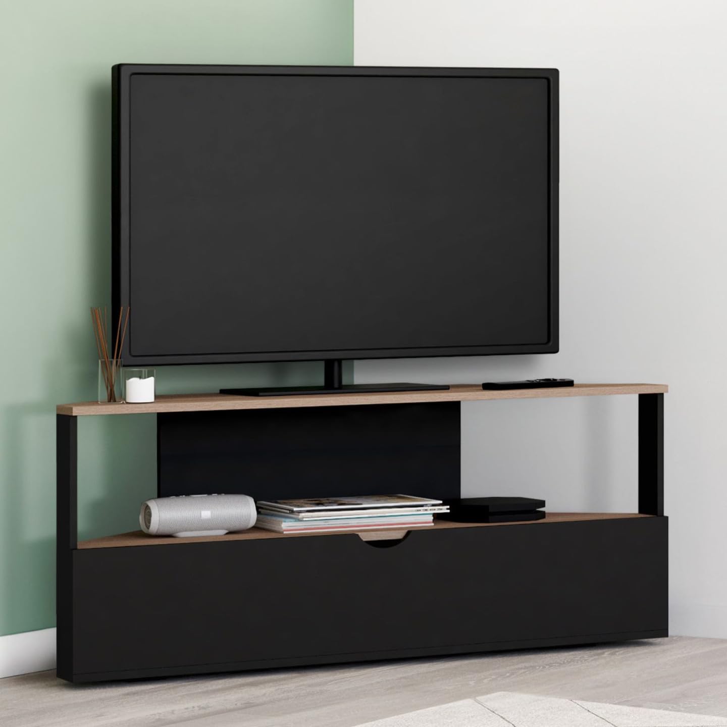 IDMarket - Meuble TV 100 cm d'angle ELI Bois façon hêtre et Noir