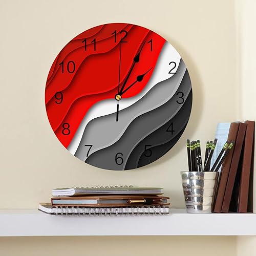 Miniatura 2 de Reloj de pared rojo negro moderno geométrico funciona con pilas, reloj de pared de PVC silencioso sin tictac, reloj de pared redondo abstracto gris
