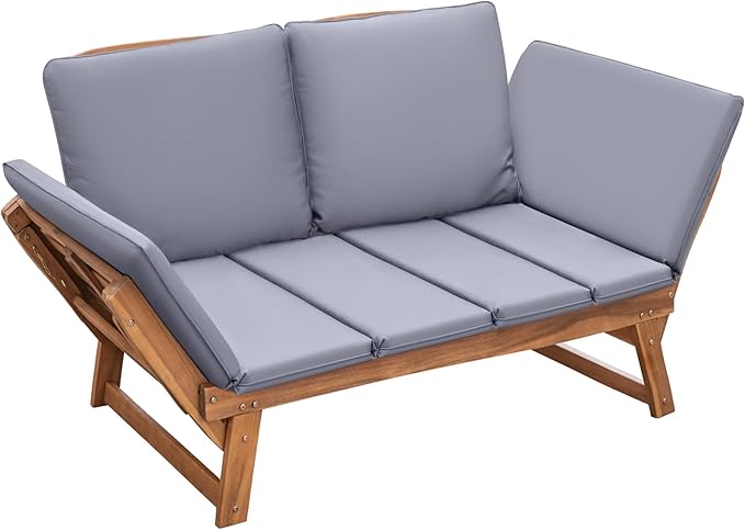 Devoko Outdoor Couch Acacia Wood Patio Couch with Adjustable Armrests, Outdoor Convertible Sofa with Removable Cushions & Pillows for Patio, Porch, Poolside(Grey)