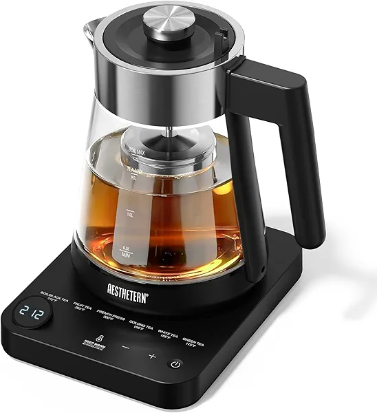 Aesthetern Electric Tea Kettle with Infuser 1.7L Glass Electric Kettle with Temperature Control Automatic Shut Off 12H Keep Warm for Tea Coffee Water Heater, Black