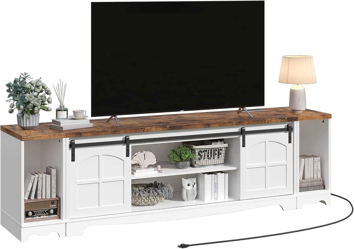 Farmhouse TV Stand for 85 inch TV, Entertainment Center with Charging Station and Sliding Barn Doors, Modern Media TV Console Table for Living Room, Bedroom, White and Rustic Brown TVBR20E01
