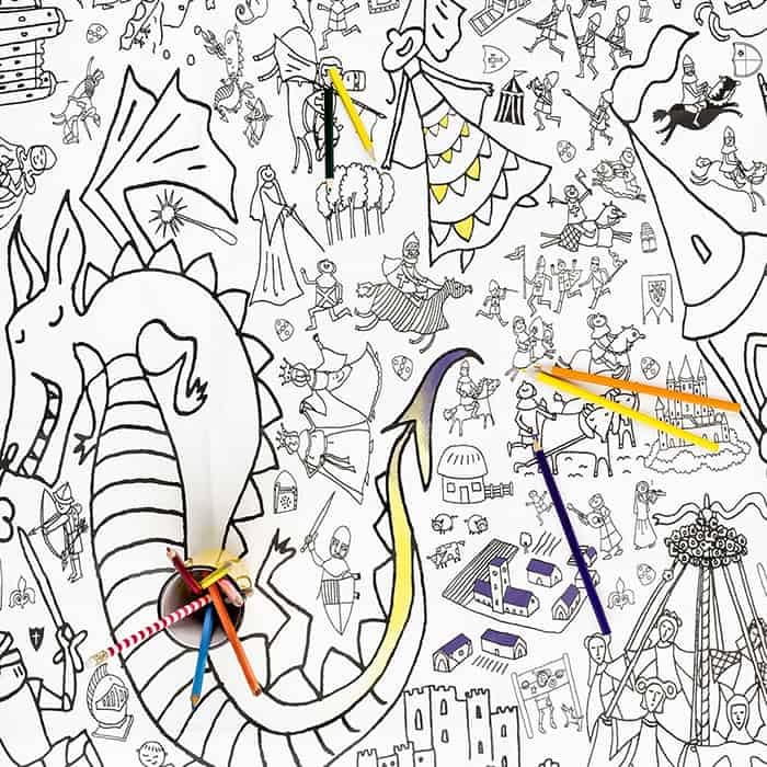 Giant colouring tablecloth poster with a Knights and Maidens Dragons Castles design
