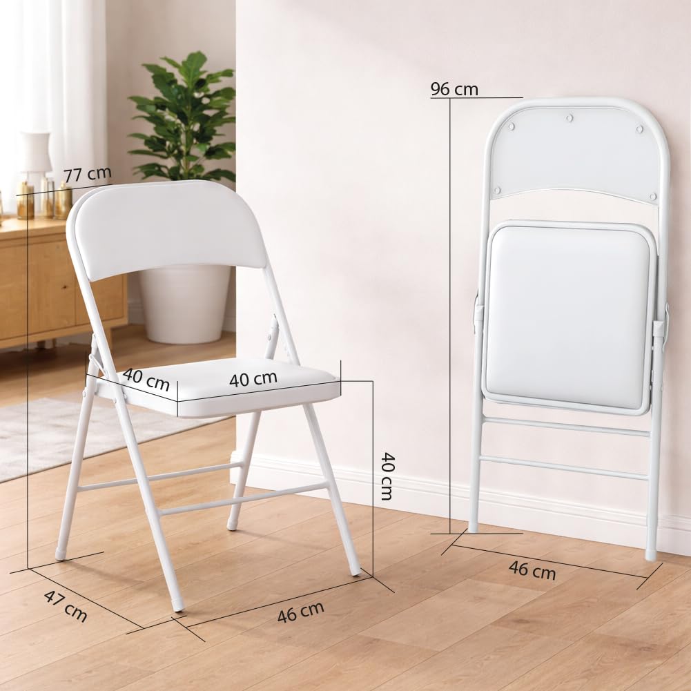 Shally Dogan Set 4 Sedie Pieghevoli con Struttura in Metallo e Seduta in Ecopelle Ergonomica ed Imbottita, Sedia Multiuso da Esterno ed Interno, Ideale per Bar, Ristoranti, Casa, Giardino (Bianco)